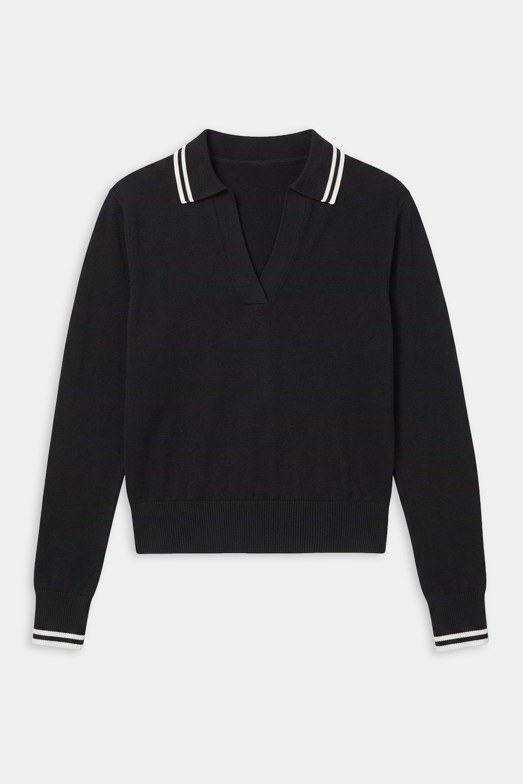 The SPLITS59 Taylor Knit Polo in Black/White is a soft rayon long-sleeve sweater with a V-neck and white double stripes on the collar and cuffs.