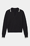The SPLITS59 Taylor Knit Polo in Black/White is a soft rayon long-sleeve sweater with a V-neck and white double stripes on the collar and cuffs.