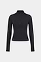 The SPLITS59 Tess Rigor Half Zip Waist Length in black is a women’s long-sleeve top with a mock neck and front half-zip, made from a soft nylon-spandex blend, shown laid flat on a white background.