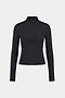 The SPLITS59 Tess Rigor Half Zip Waist Length in black is a women’s long-sleeve top with a mock neck and front half-zip, made from a soft nylon-spandex blend, shown laid flat on a white background.