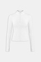 The SPLITS59 Tess Rigor Half Zip Waist Length in white is a soft nylon spandex, long-sleeve mock-neck top with a front half-zip closure, shown on a plain white background.