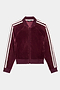 The SPLITS59 Heritage Velour Bomber in Dark Cherry/White features a zip-up design with white double stripes on the sleeves and ribbed collar, cuffs, and hem.