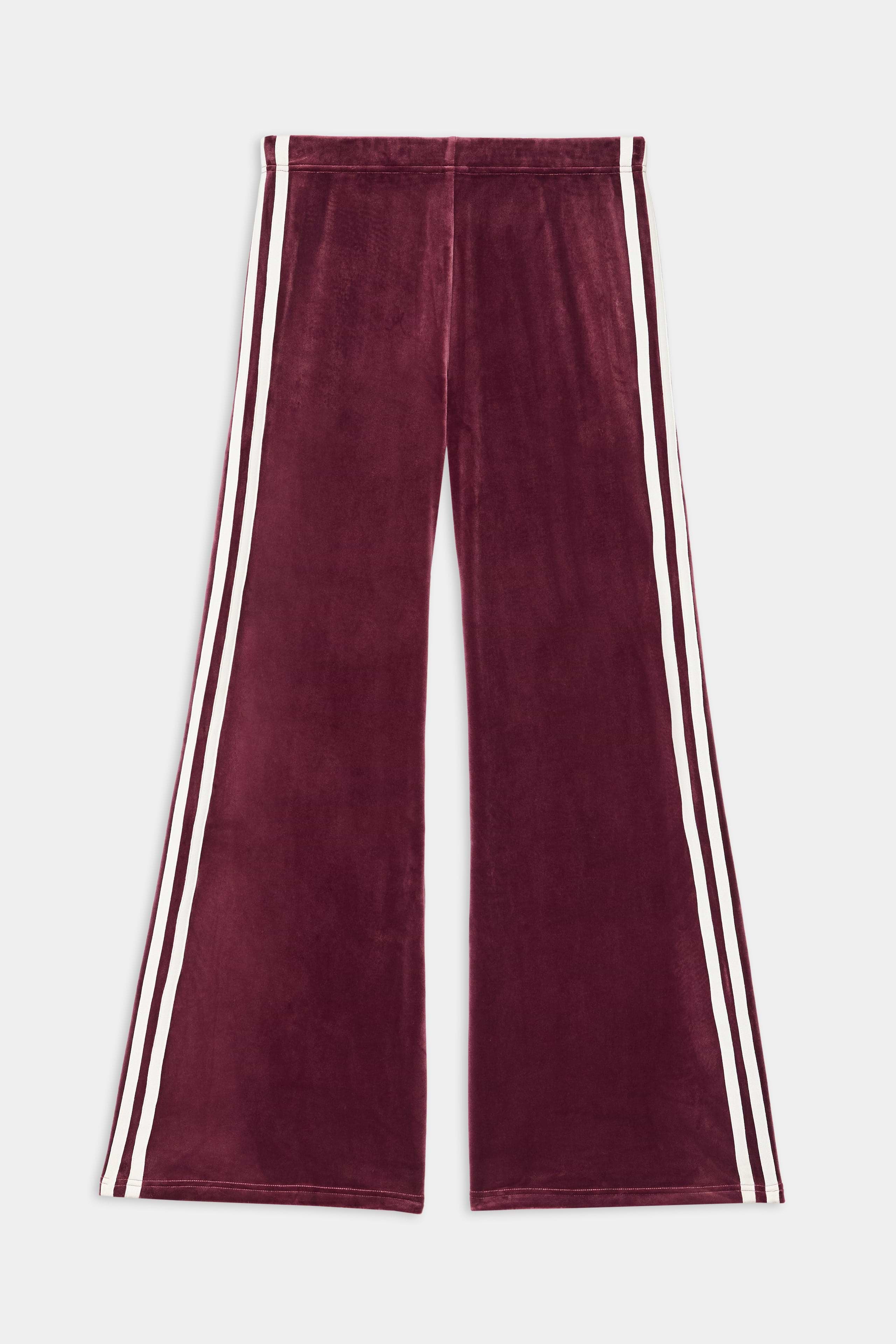 The SPLITS59 Heritage Velour Pant in Dark Cherry/White features white double side stripes and a soft polyester-spandex blend, shown flat against a white background.
