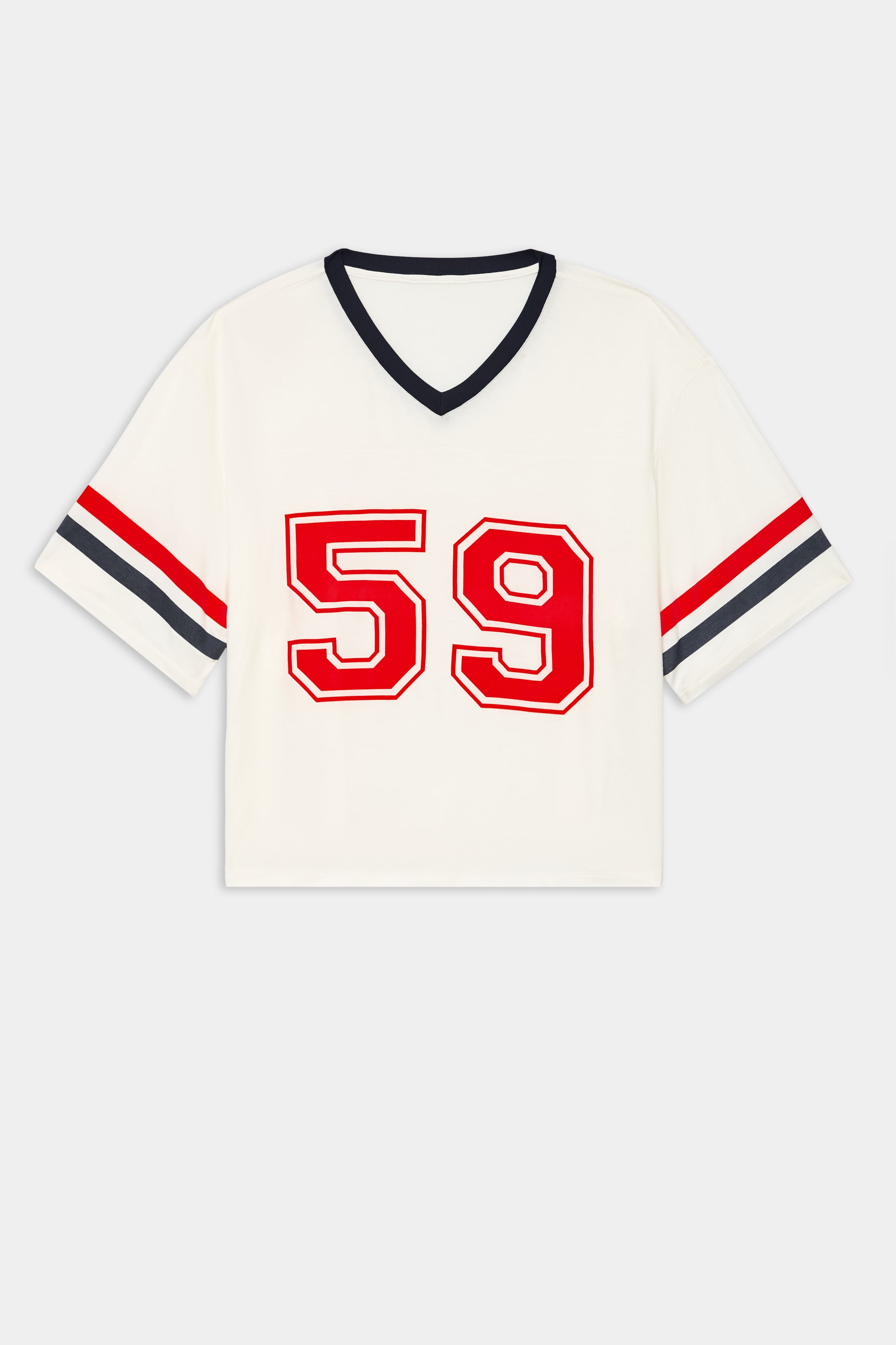 The SPLITS59 Rex Varsity Jersey V-Neck in white features a soft cropped fit, black V-neck, red "59" on the front, and red and black stripes on the short sleeves.