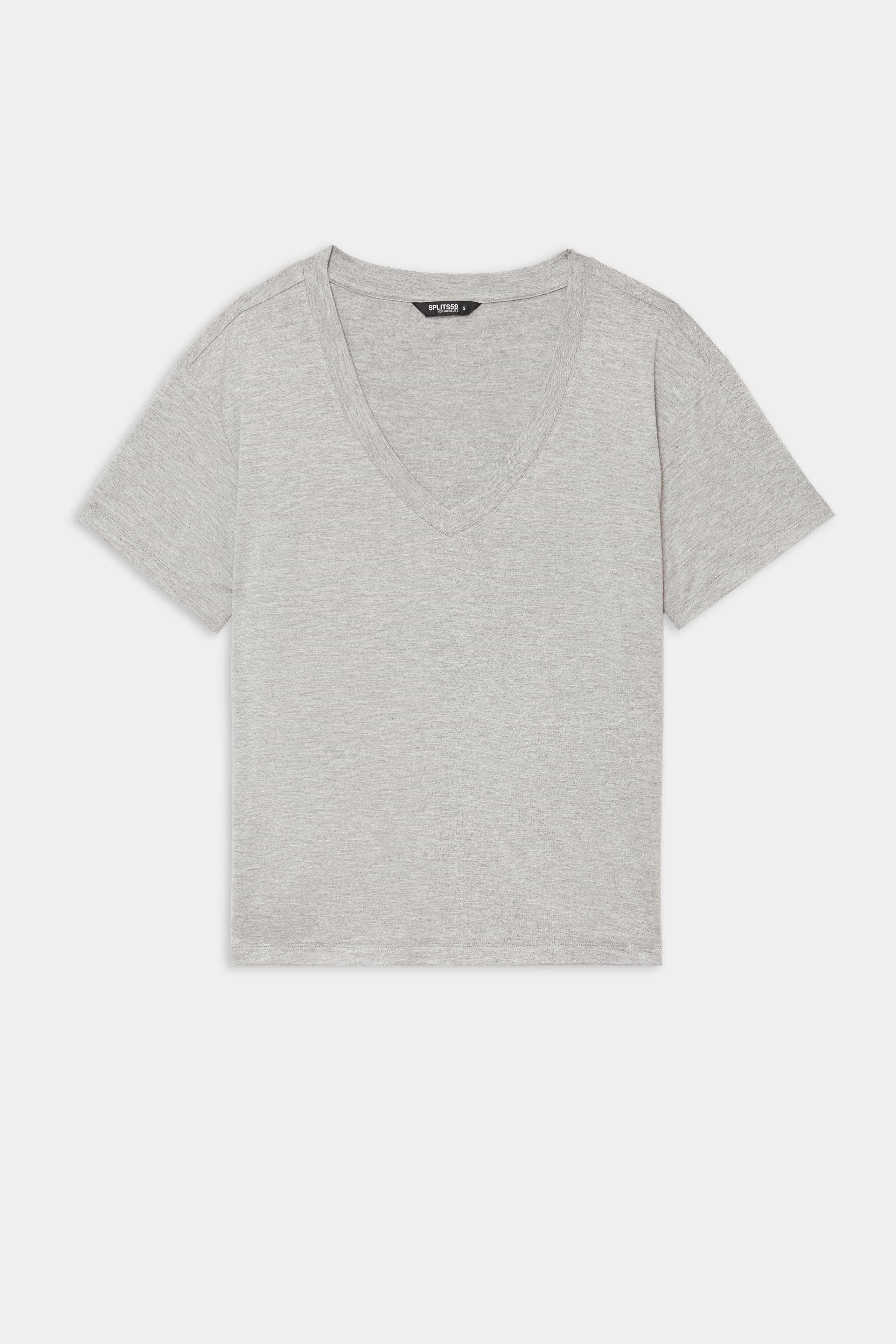 The SPLITS59 Georgia Jersey V-Neck in Heather Grey is a soft spandex short-sleeve t-shirt with a V-neck, shown laid flat on a white background.