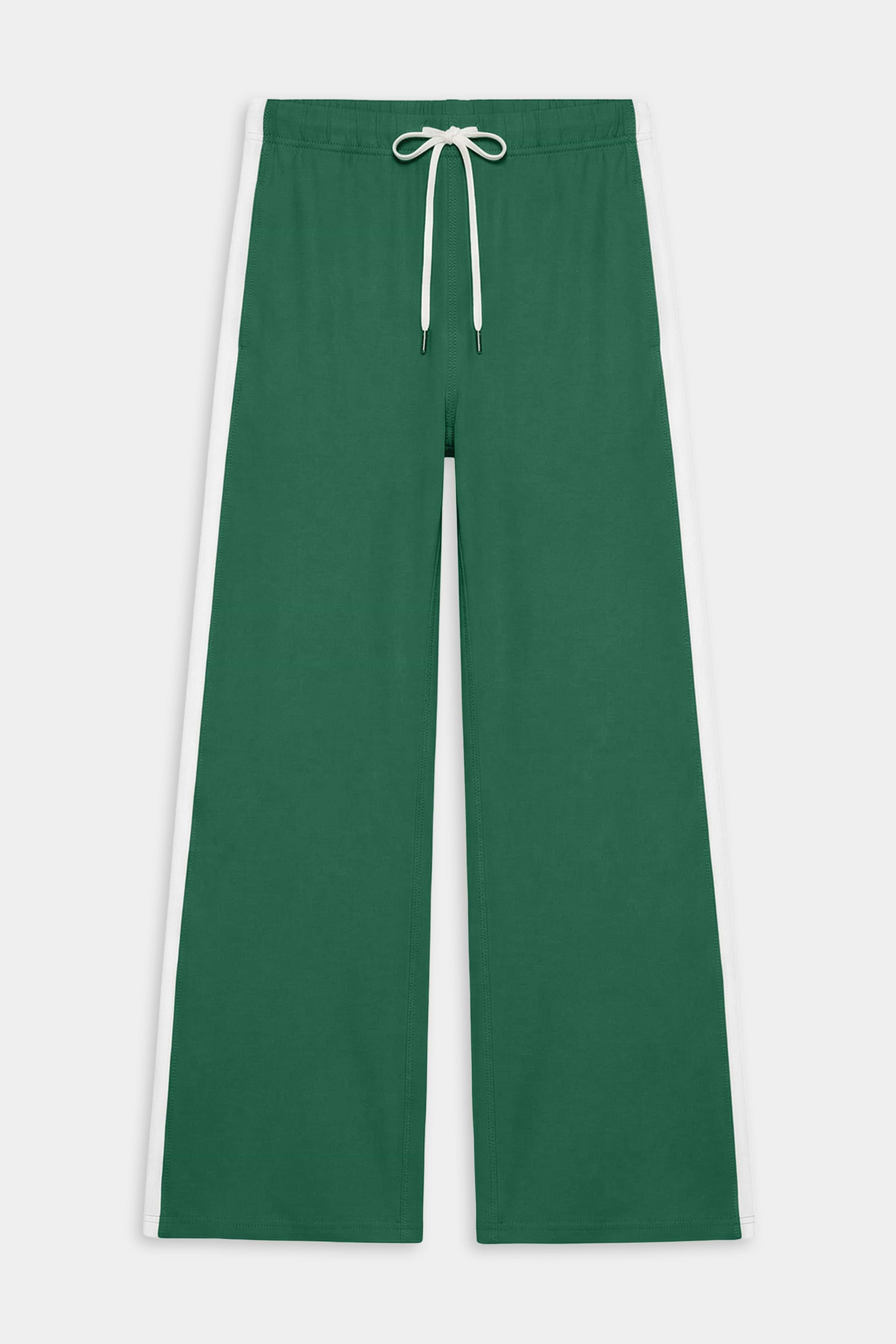 The SPLITS59 Willow Airweight Wide Leg pants in Arugula/White feature white side stripes and a white drawstring waist, ideal for Pilates or hot yoga, shown laid flat on a plain background.