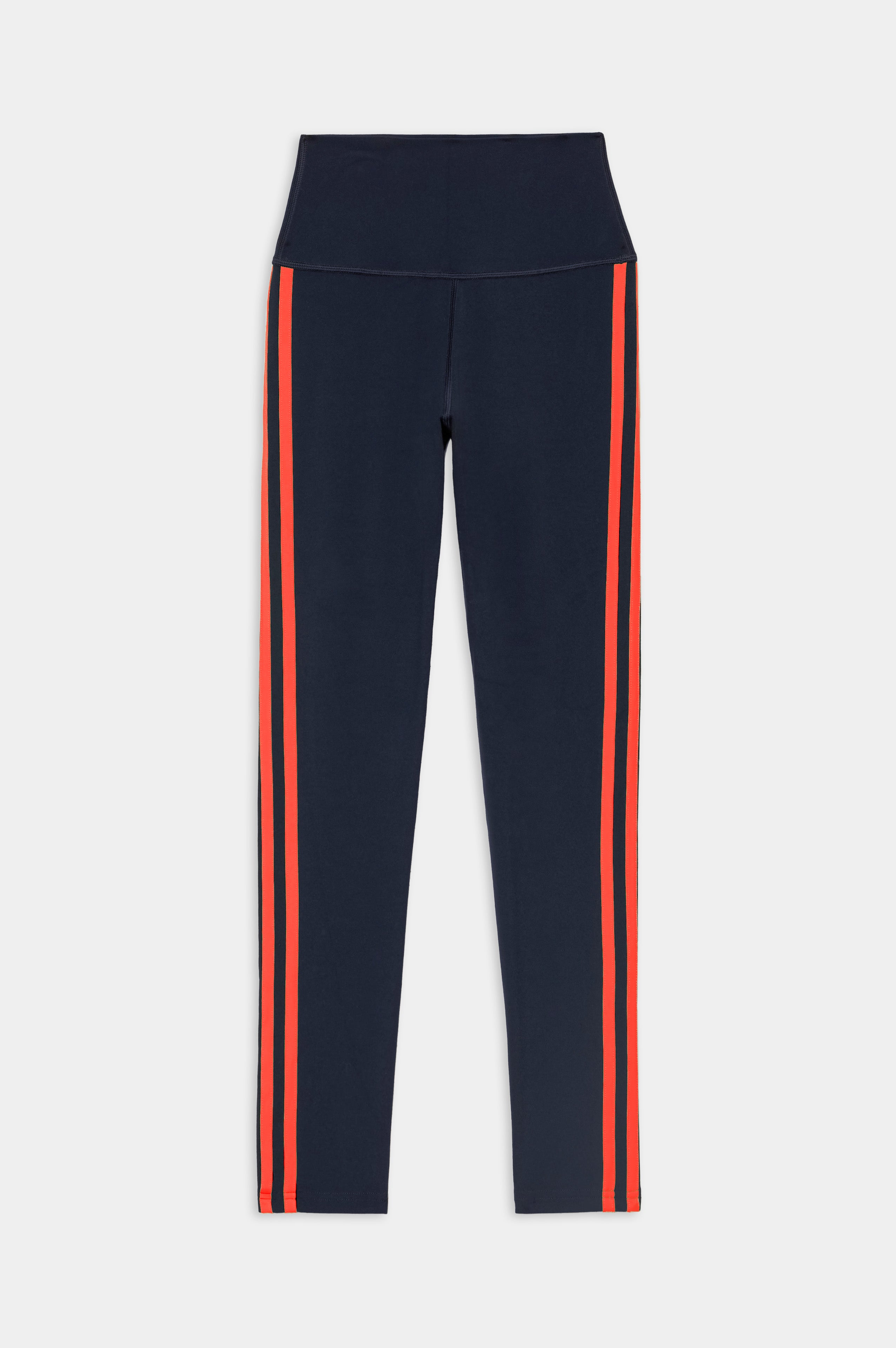 SPLITS59 Ella High Waist Airweight 7/8 - Indigo/Valencia high-waisted navy blue nylon leggings with dual vertical orange stripes down the sides.