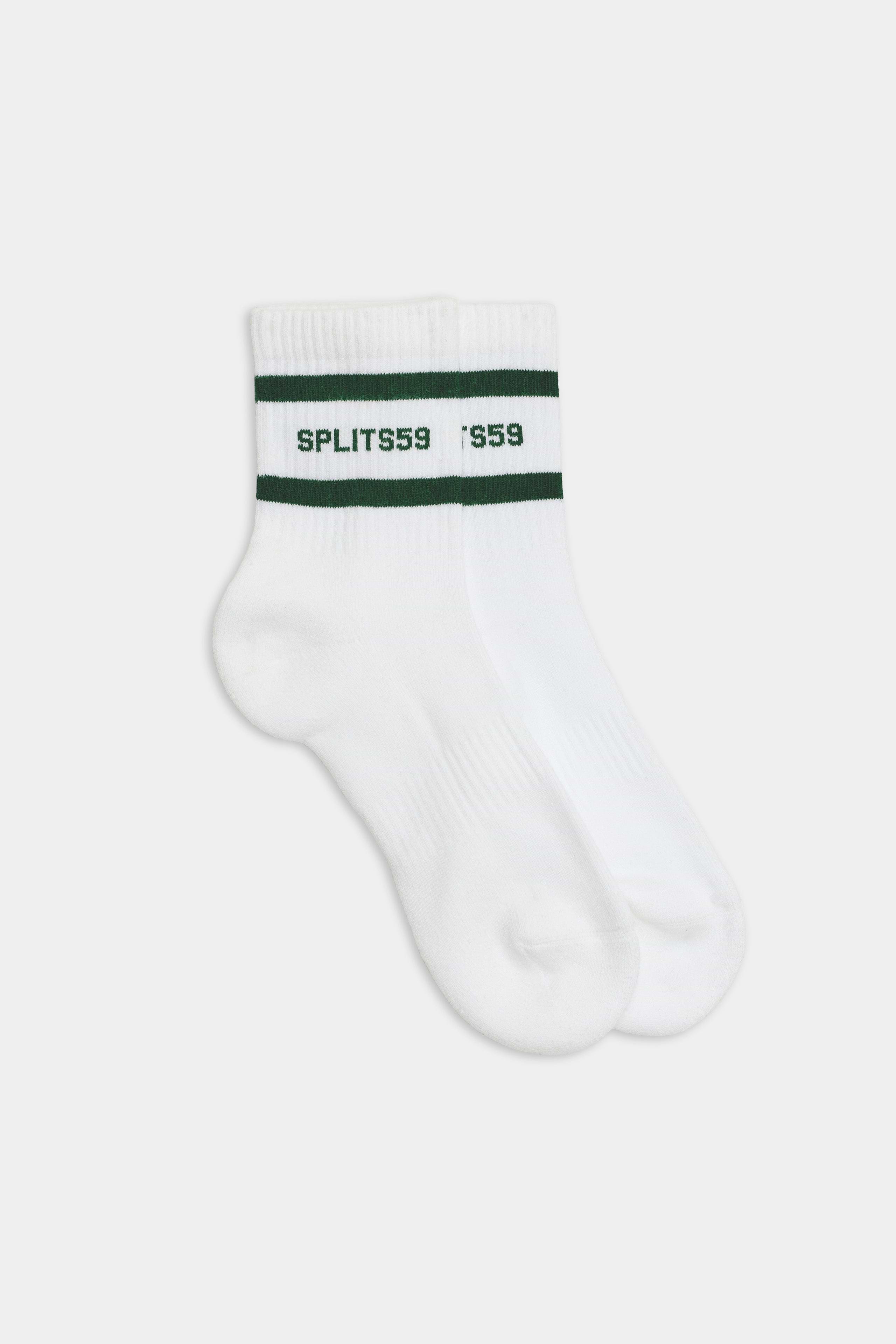 A pair of Logo Stripe Quarter Socks by SPLITS59, featuring a retro-inspired design in white with black stripes near the top and "SPLITS59" text in green.