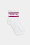 SPLITS59 Logo Stripe Ankle Socks With Grip in White/Sangria feature two pink stripes, silicone grips for floor workouts, and "SPLITS59" in pink near the top.