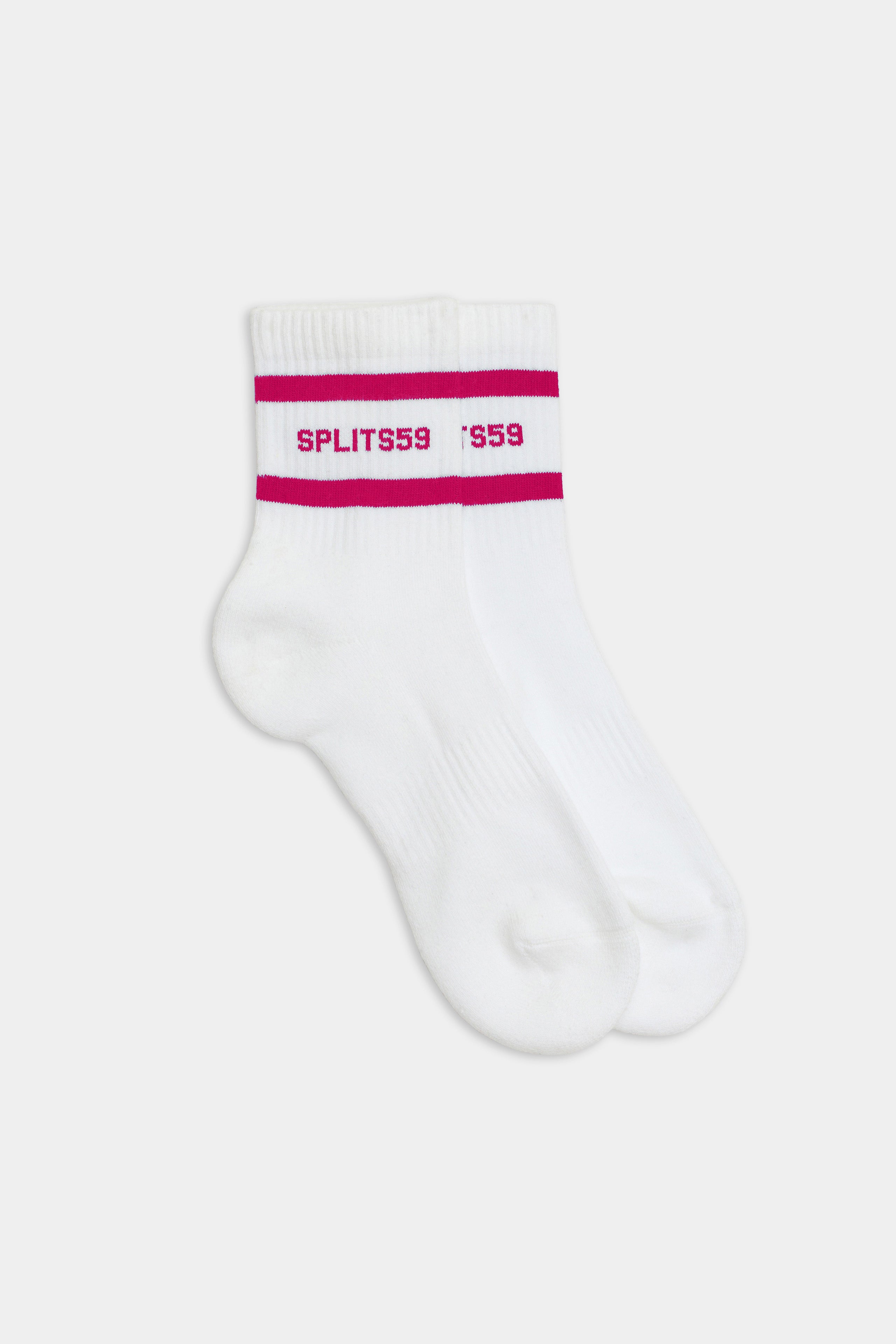 SPLITS59 Logo Stripe Ankle Socks With Grip in White/Sangria feature two pink stripes, silicone grips for floor workouts, and "SPLITS59" in pink near the top.