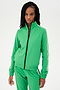 Woman wearing a SPLITS59 Fox Techflex Jacket in Grass/Vintage White with stripes posing against a white background.