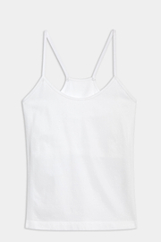 A SPLITS59 Loren Seamless Waist Length Tank - White with a shelf bra on a white background, perfect for gym workouts.
