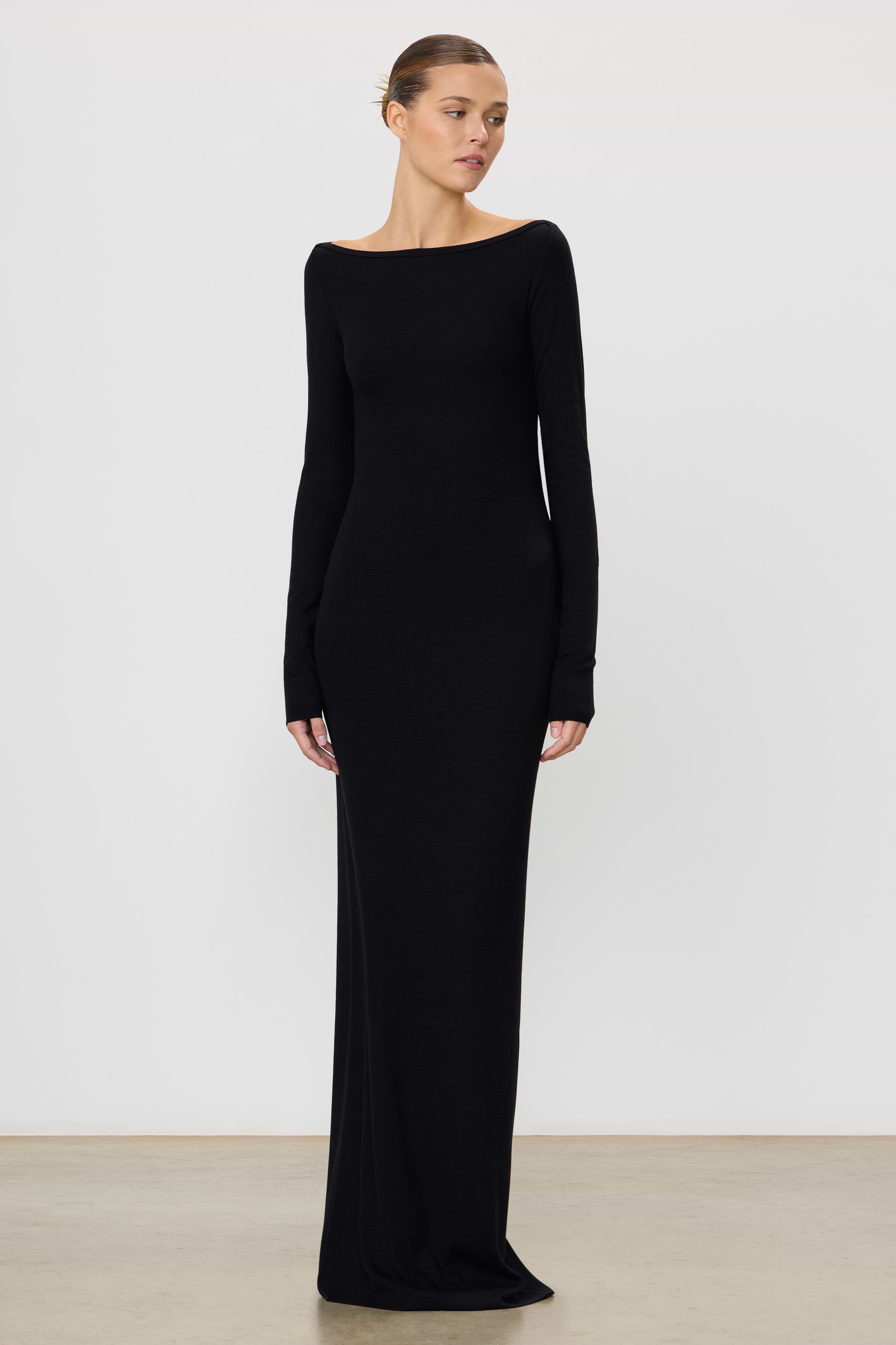 Eterne Long Sleeve Boatneck Maxi Dress in Black
