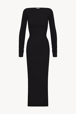 Eterne Long Sleeve Boatneck Maxi Dress in Black