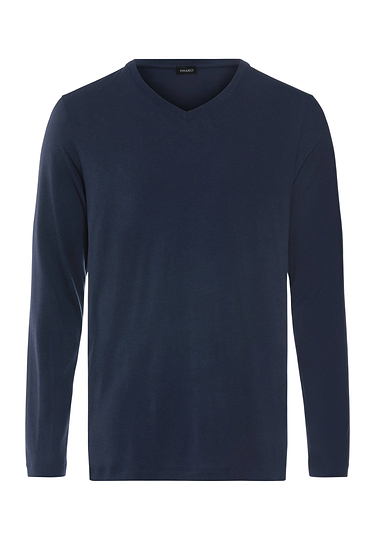 Front cutout view of HA deep navy cotton L/SLV Shirt V-Neck