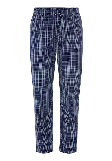 Front cutout view of HA checked blue cotton Long Pants