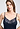 Close-up view of a women model wearing HA deep navy modal/viscose/tencel Negligee 90cm