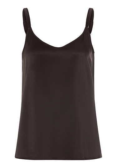 Front cutout view of HA dark mocha silk Spaghetti Top