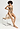 Full-body view of a women model wearing HA suede camel microfibre Midi Briefs