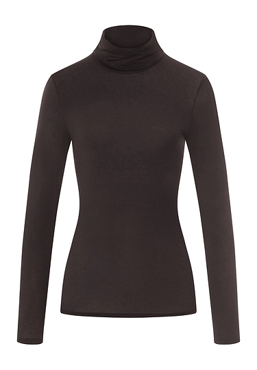 Front cutout view of HA dark mocha modal/viscose/tencel Turtle-Neck Shirt