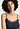Close-up view of a women model wearing HA deep navy wool Spaghetti Top