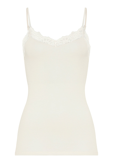 Front cutout view of HA misty white wool Spaghetti Top