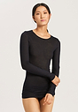 Front view of a women model wearing Hanro black cotton L/SLV Shirt