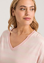 Close-up view of a women model wearing HA coral stripes cotton S/SLV Nightdress 85cm