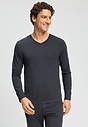 Front view of a men model wearing HA charcoal melange modal/viscose/tencel L/SLV Shirt V-Neck