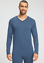 Front view of a men model wearing HA tanzanite melange modal/viscose/tencel L/SLV Shirt V-Neck