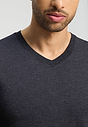 Close-up view of a men model wearing HA charcoal melange modal/viscose/tencel S/SLV Shirt V-Neck