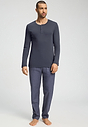 Full-body view of a men model wearing HA stormy gray cotton L/SLV Henley Shirt