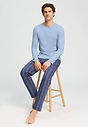 Full-body view of a men model wearing HA cashmere blue cotton L/SLV Shirt