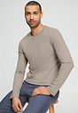 Close-up view of a men model wearing HA wooly beige cotton L/SLV Shirt