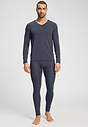 Full-body view of a men model wearing HA stormy gray modal/viscose/tencel L/SLV Shirt V-Neck
