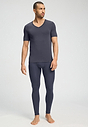 Full-body view of a men model wearing HA stormy gray modal/viscose/tencel S/SLV Shirt V-Neck