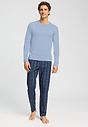 Full-body view of a men model wearing HA checked blue cotton Long Pants