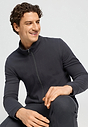 Close-up view of a men model wearing HA smokey charcoal cotton Cardigan