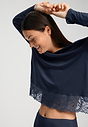 Close-up view of a women model wearing HA deep navy modal/viscose/tencel L/SLV Pajama
