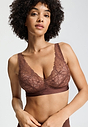 Close-up view of a women model wearing HA cinnamon modal/viscose/tencel Light Padded Soft Cup Bra