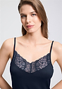 Close-up view of a women model wearing HA deep navy modal/viscose/tencel Negligee 90cm