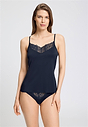 Front view of a women model wearing HA deep navy modal/viscose/tencel Spaghetti Top
