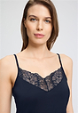 Close-up view of a women model wearing HA deep navy modal/viscose/tencel Spaghetti Top