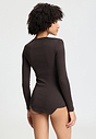 Back view of a women model wearing HA dark mocha cotton L/SLV Shirt
