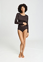 Full-body view of a women model wearing HA dark mocha cotton L/SLV Shirt