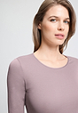 Close-up view of a women model wearing HA stormy rose cotton L/SLV Shirt