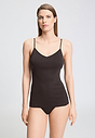 Front view of a women model wearing HA dark mocha cotton Padded Spaghetti Top