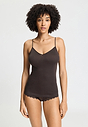 Front view of a women model wearing HA dark mocha cotton Spaghetti Top