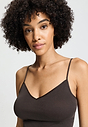 Close-up view of a women model wearing HA dark mocha cotton Spaghetti Top