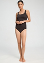 Full-body view of a women model wearing HA dark mocha cotton Tank Top